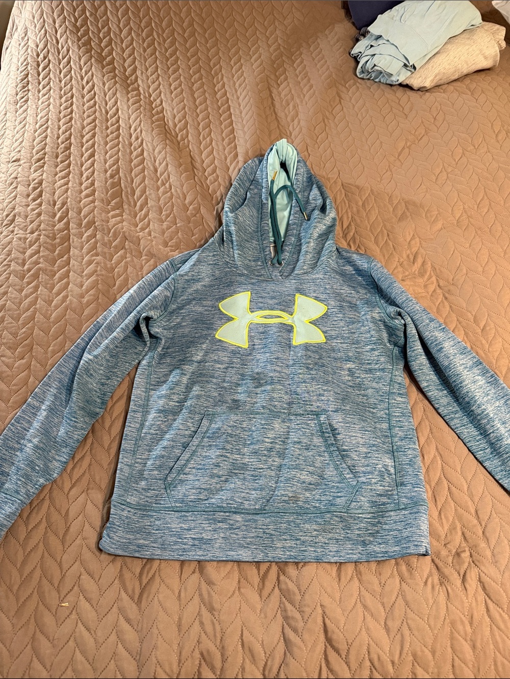 Under Armour Blue Heather Pullover Hoodie with Neon Yellow Logo